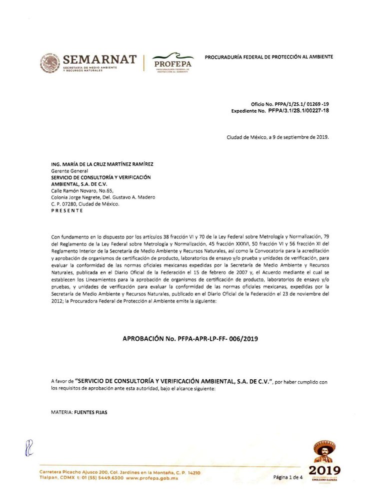 Aprobación SEMARNAT / PROFEPA — Fuentes Fijas (PFPA-APR-LP-FF-006/2019)